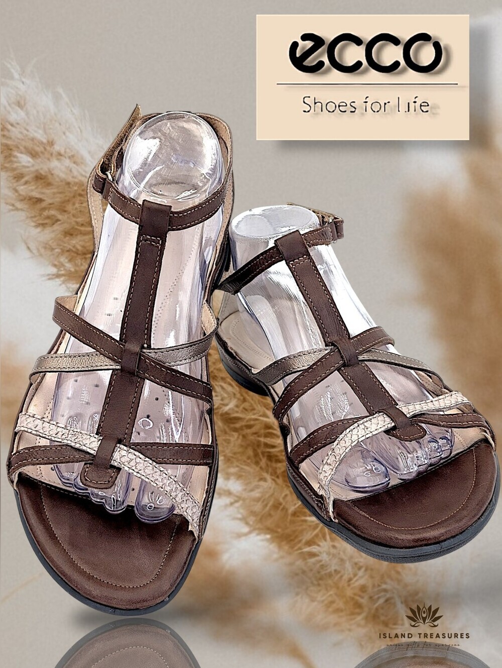 ECCO Flash Sz 11-11.5 Women's T-Strap Brown Leather Sandal EVA-Cushioned Footbed
